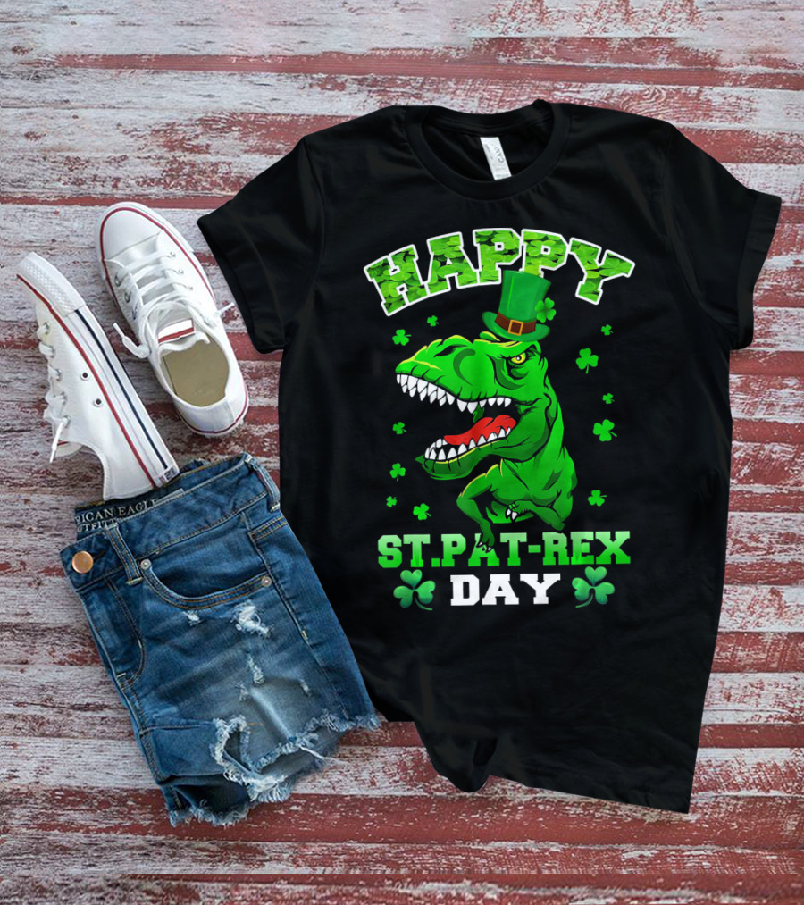 Happy St. Pat-Rex Day Dinosaur With Shamrocks T-Shirt