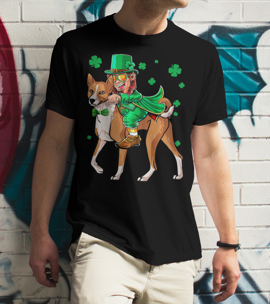 Leprechaun Riding Basenji With Shamrocks St Patricks T-Shirt