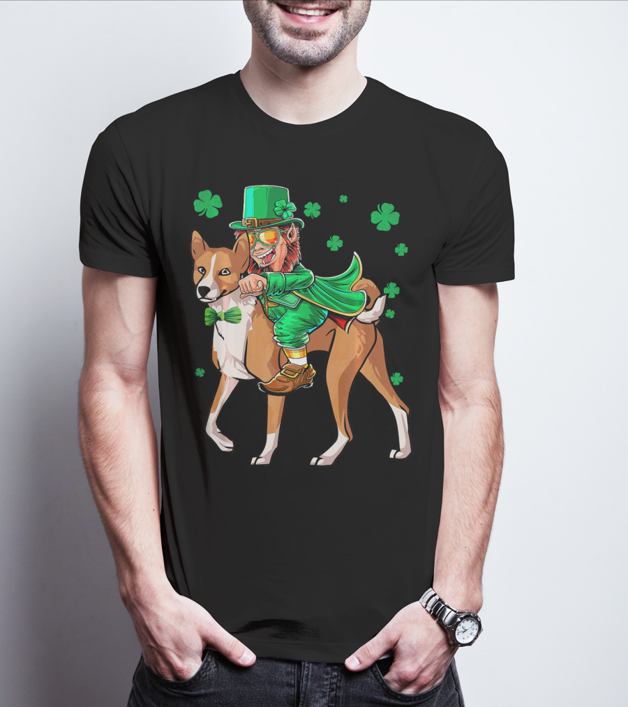 Leprechaun Riding Basenji With Shamrocks St Patricks T-Shirt