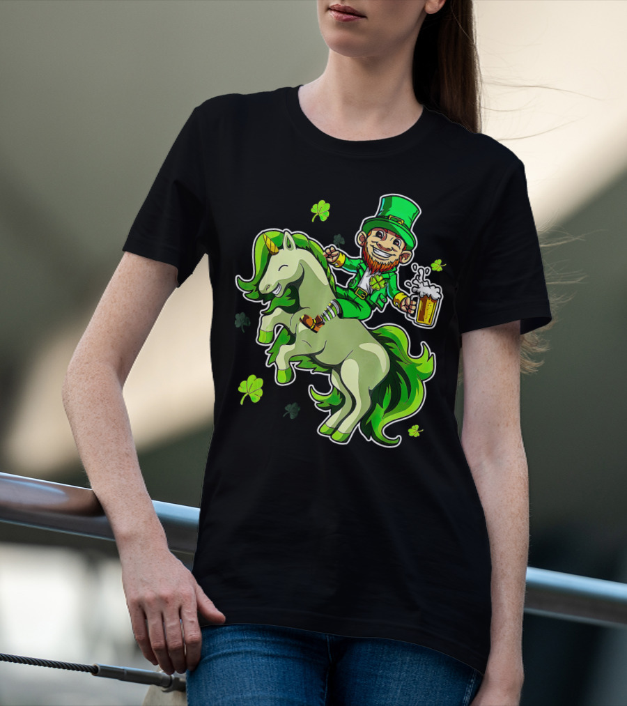 Leprechaun Riding A Green Unicorn Holding Beer With Shamrocks T-Shirt