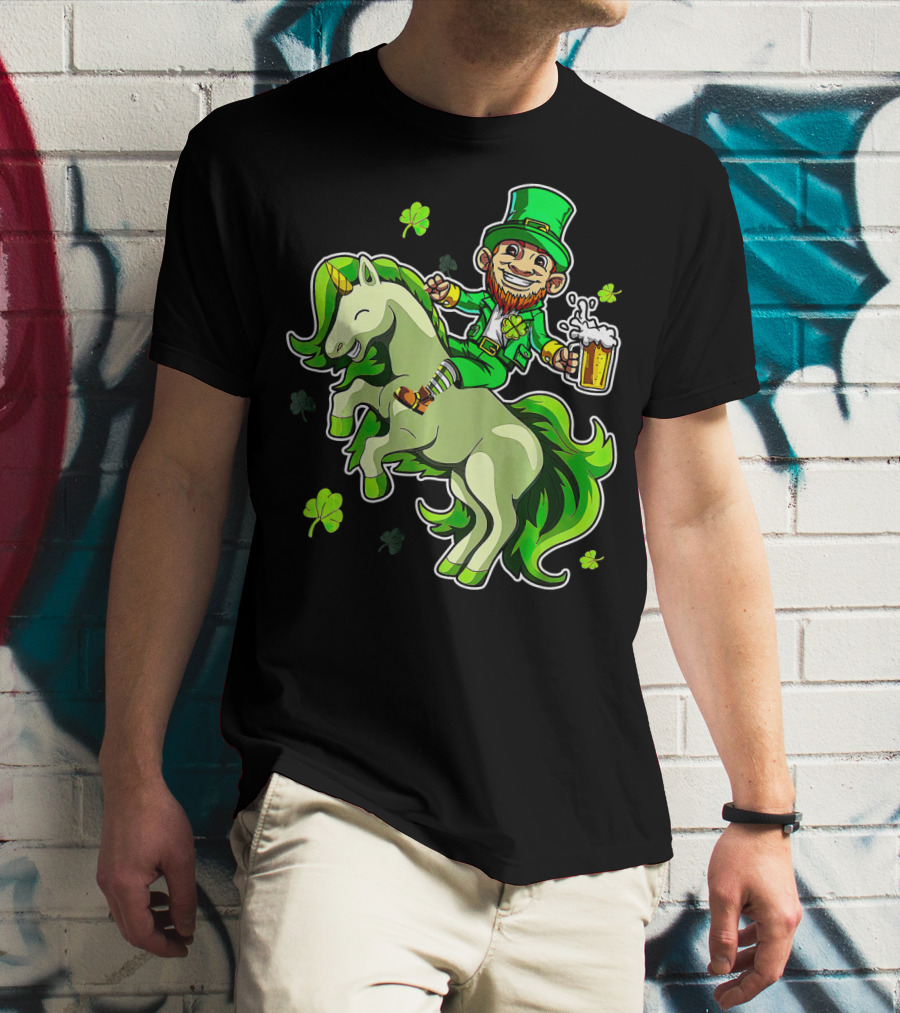 Leprechaun Riding A Green Unicorn Holding Beer With Shamrocks T-Shirt