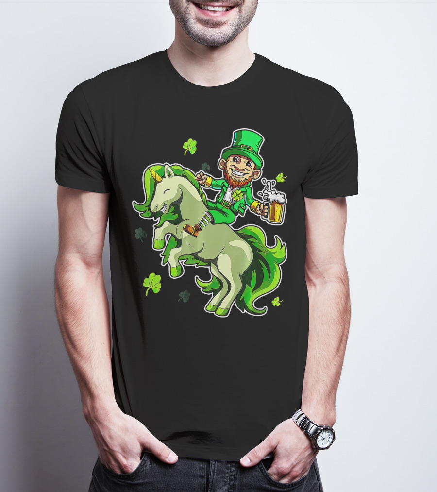 Leprechaun Riding A Green Unicorn Holding Beer With Shamrocks T-Shirt