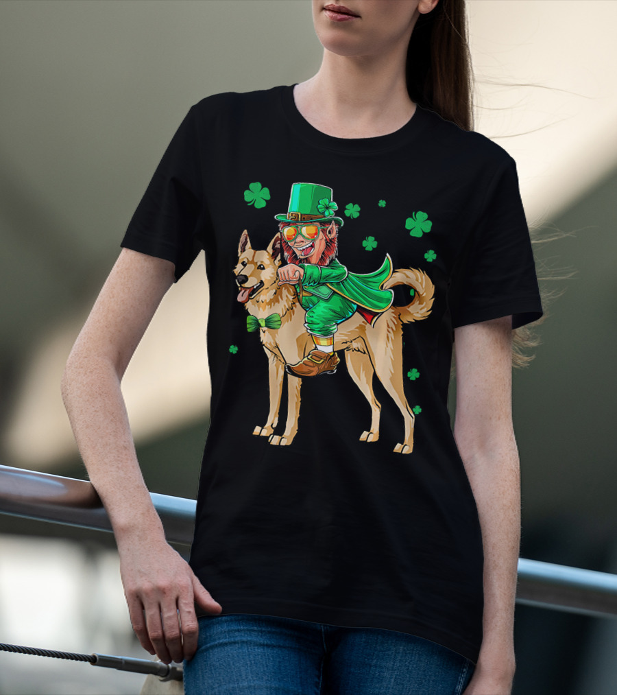 Leprechaun Riding Canaan Dog With Shamrock St. Patrick's Day T-Shirt
