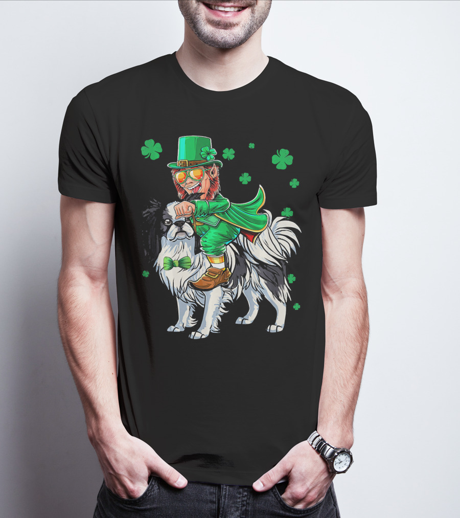Leprechaun Riding Japanese Chin With Shamrock Clovers T-Shirt
