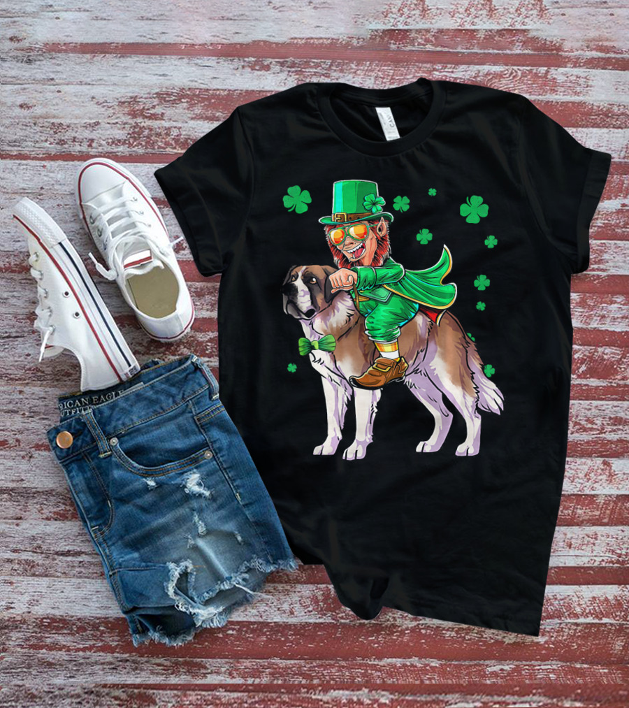 Leprechaun Riding Saint Bernard With Shamrocks T-Shirt