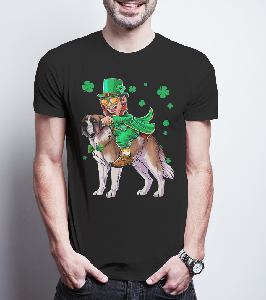 Leprechaun Riding Saint Bernard With Shamrocks T-Shirt