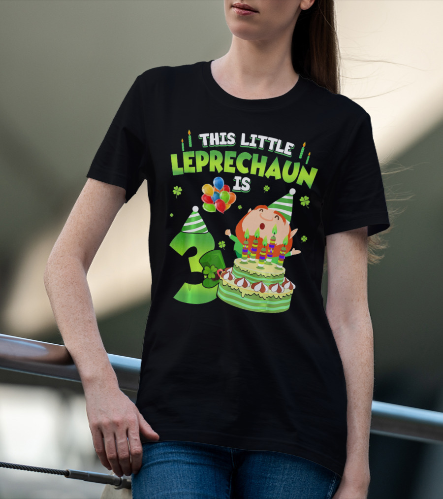 This Little Leprechaun Is 3 Birthday Celebration With Cake And Balloons T-Shirt