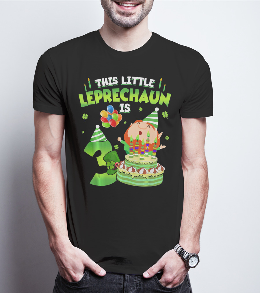 This Little Leprechaun Is 3 Birthday Celebration With Cake And Balloons T-Shirt