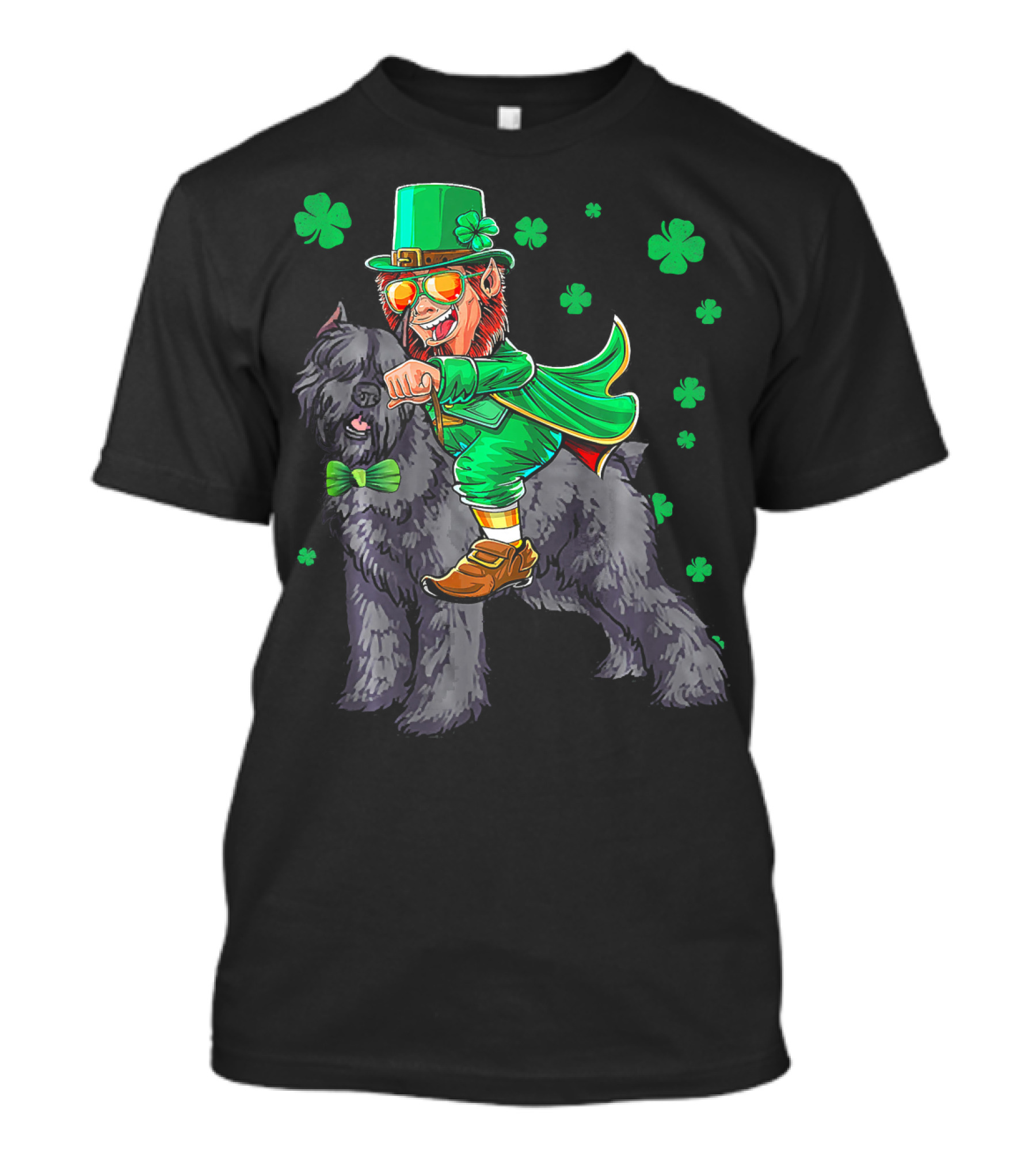 Leprechaun Riding Bouvier Des Flandres Surrounded By Shamrocks T-Shirt