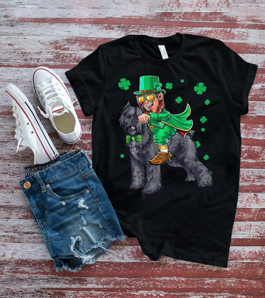 Leprechaun Riding Bouvier Des Flandres Surrounded By Shamrocks T-Shirt