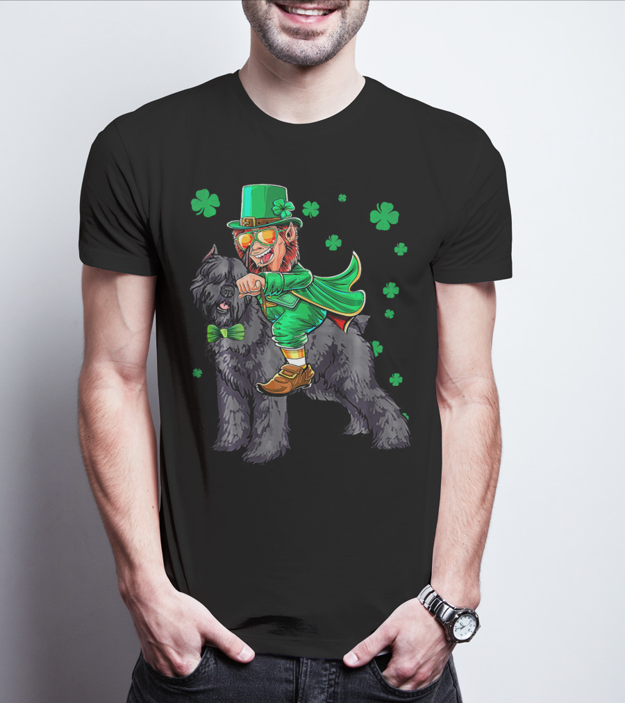 Leprechaun Riding Bouvier Des Flandres Surrounded By Shamrocks T-Shirt