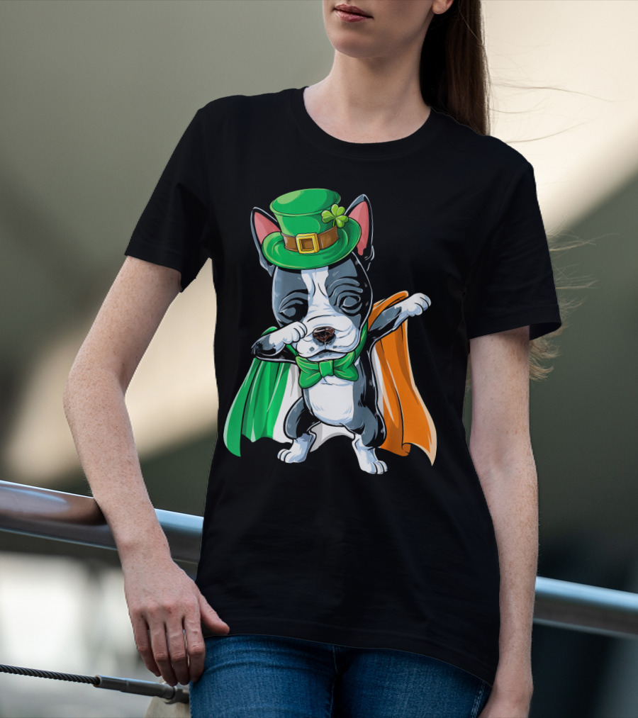 Dabbing Boston Terrier St. Patrick's Day Irish Flag Cape T-Shirt
