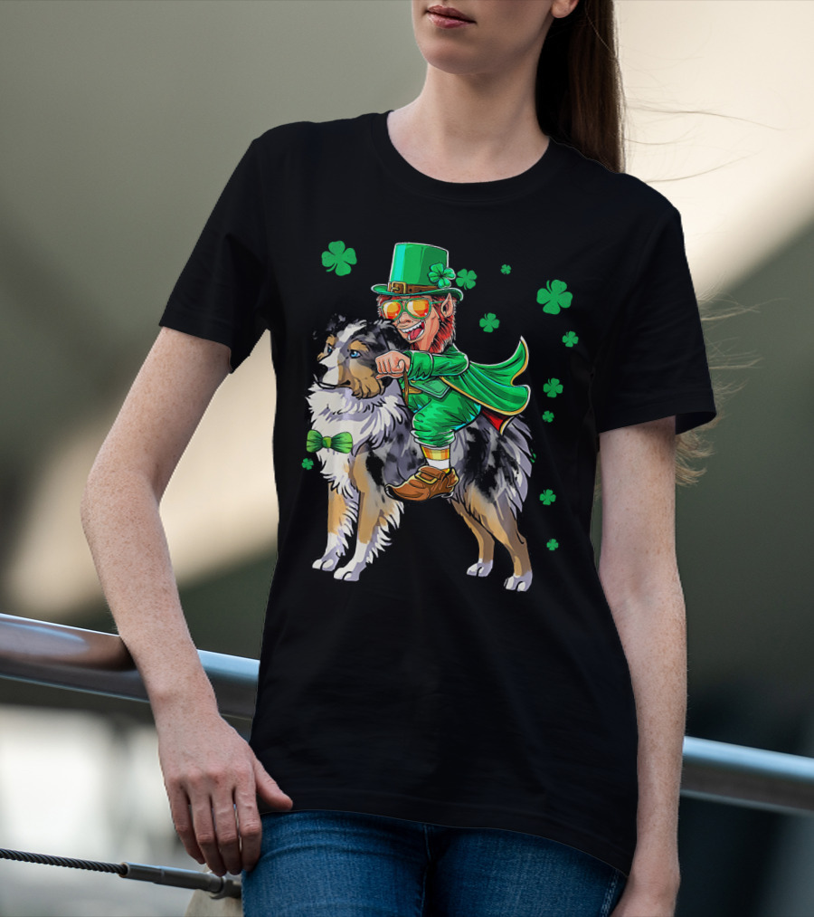 Leprechaun Riding Miniature Australian Shepherd With Shamrocks T-Shirt