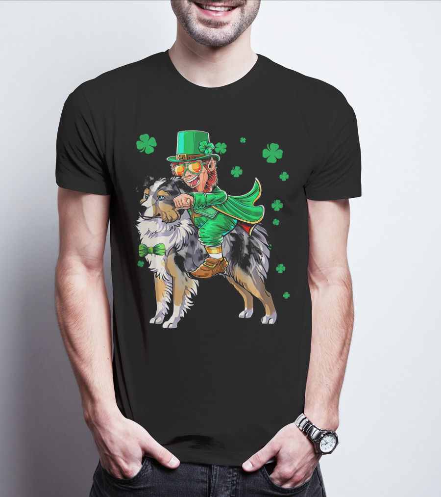 Leprechaun Riding Miniature Australian Shepherd With Shamrocks T-Shirt