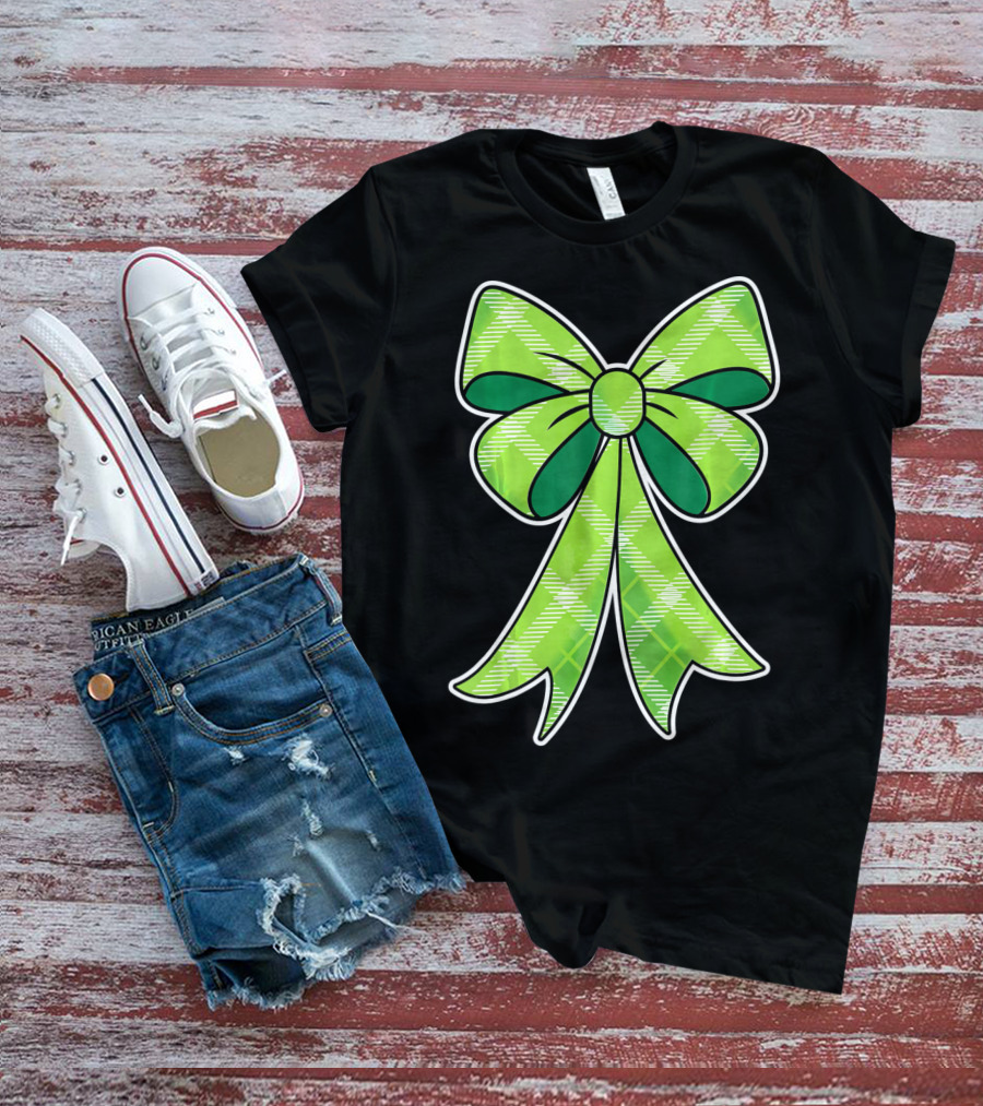 Girls St Patricks Day Green Plaid Bow T-Shirt