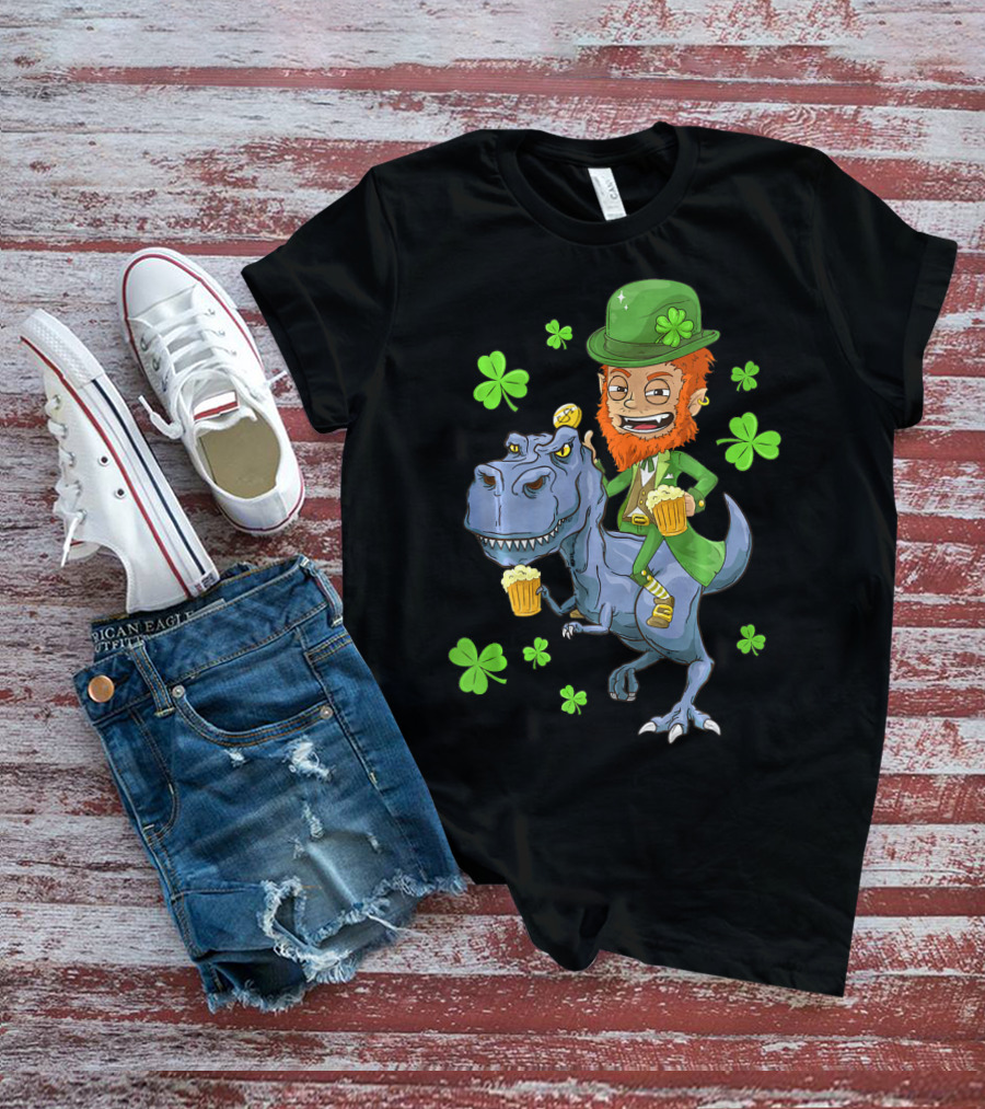 Leprechaun Irish Riding T-Rex Dinosaur With Shamrocks And Beer T-Shirt