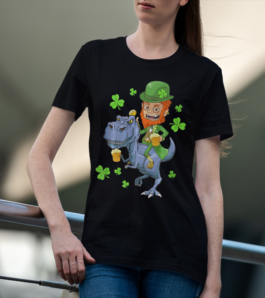 Leprechaun Irish Riding T-Rex Dinosaur With Shamrocks And Beer T-Shirt