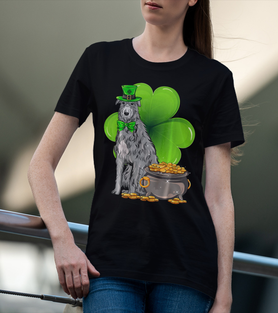 Scottish Deerhound St Patricks Day Leprechaun Hat Pot Of Gold Shamrock T-Shirt