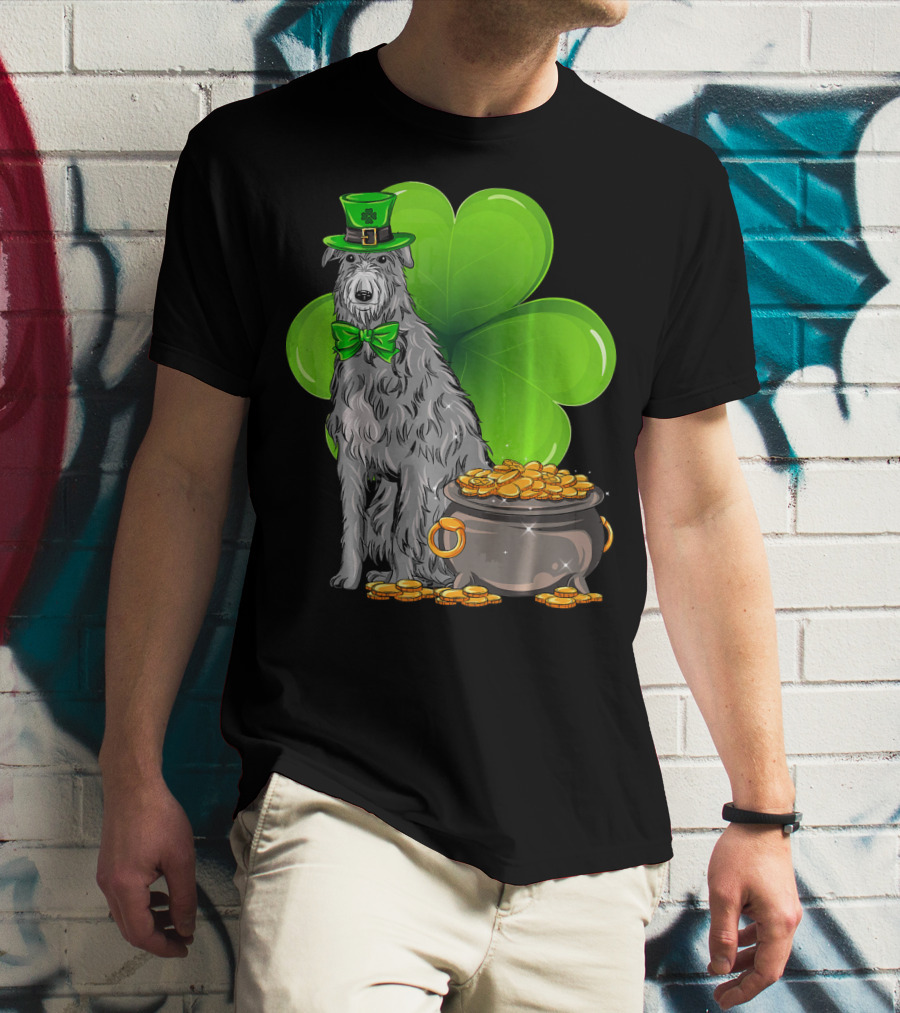 Scottish Deerhound St Patricks Day Leprechaun Hat Pot Of Gold Shamrock T-Shirt