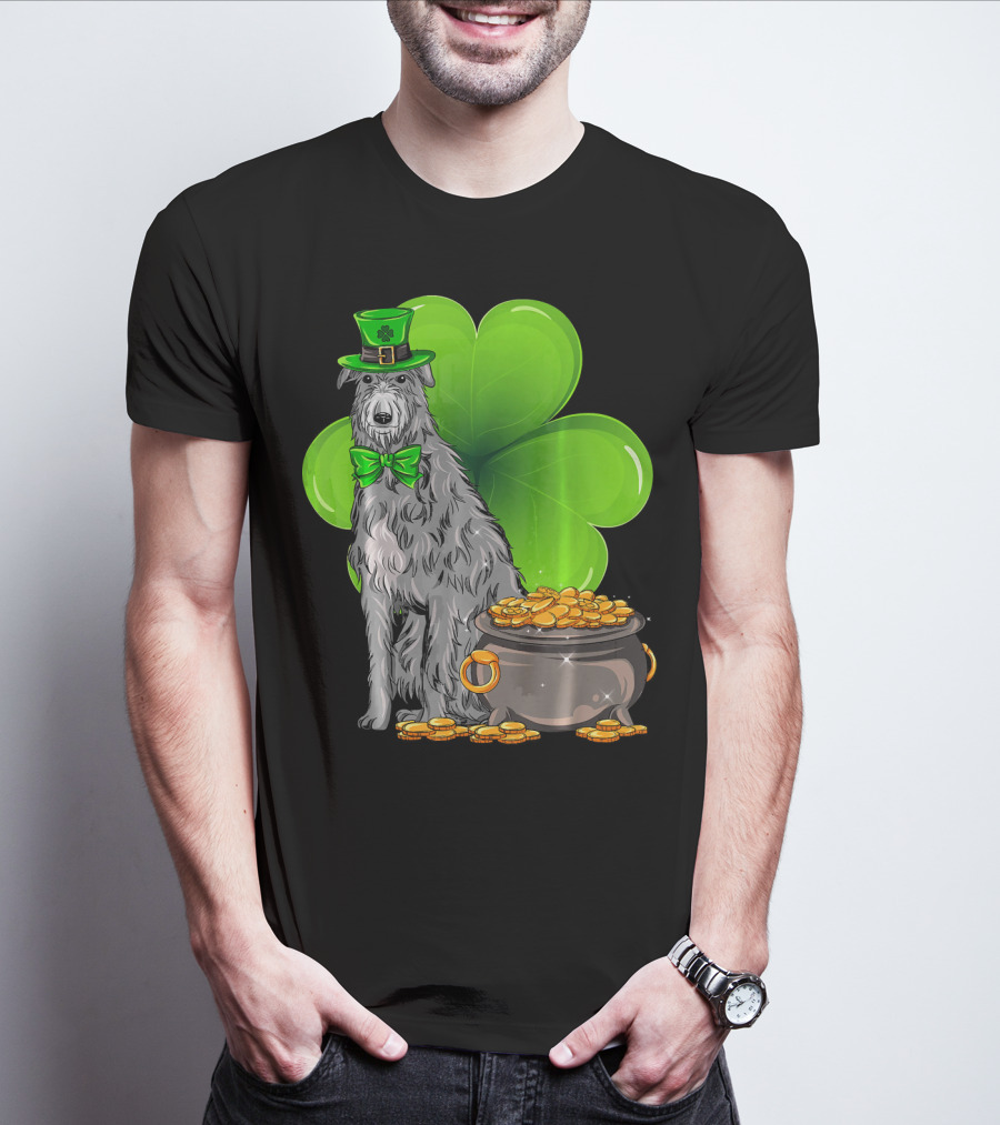 Scottish Deerhound St Patricks Day Leprechaun Hat Pot Of Gold Shamrock T-Shirt