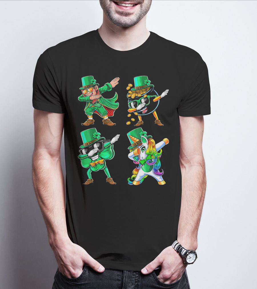 Dabbing Leprechaun Shamrock Unicorn Coin-Throwing Glasses Rabbit T-Shirt