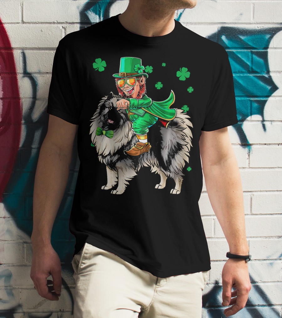 Leprechaun Riding Keeshond With Shamrocks For St. Patrick's Day T-Shirt