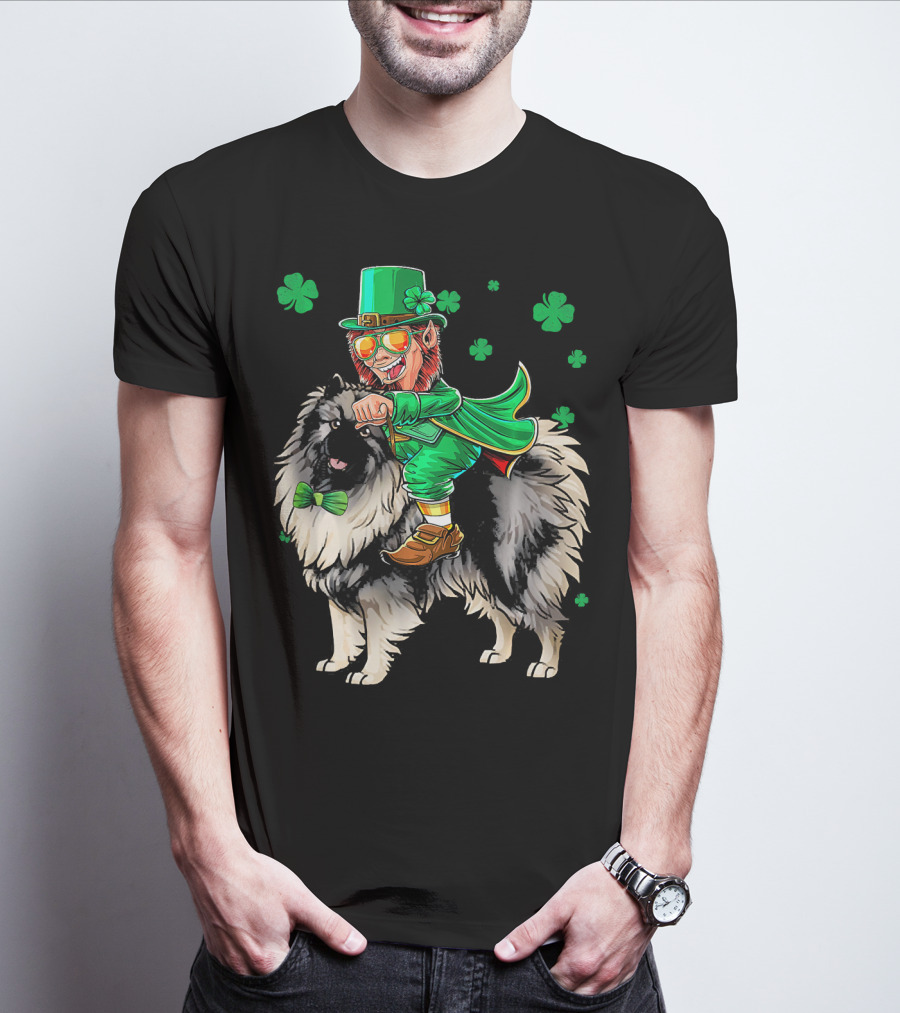 Leprechaun Riding Keeshond With Shamrocks For St. Patrick's Day T-Shirt