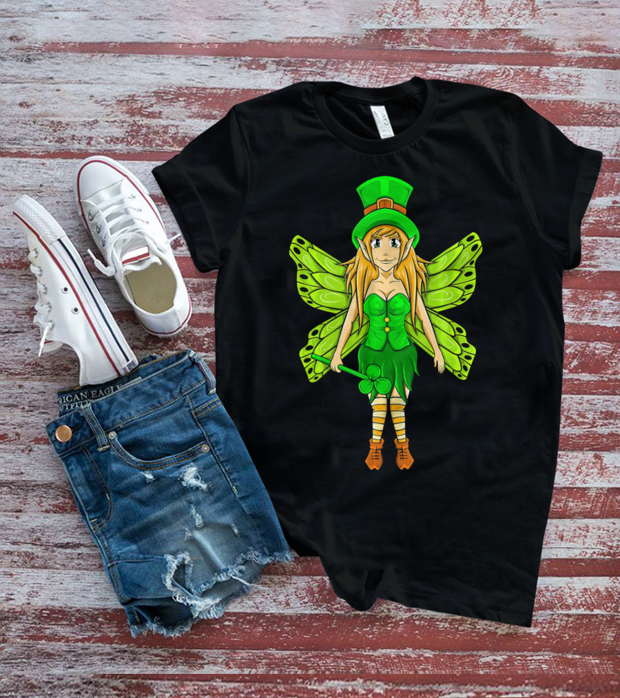 Funny St Patricks Day Leprechaun Fairy Girl With Green Wings And Clover Staff T-Shirt