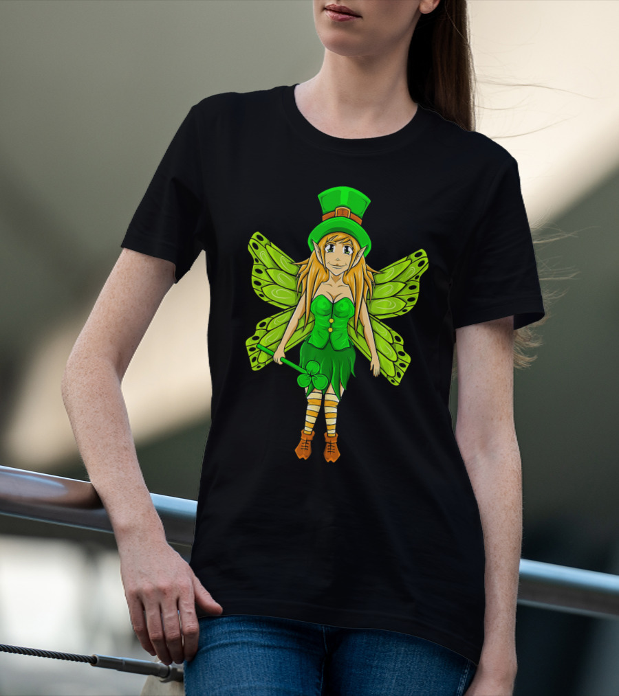 Funny St Patricks Day Leprechaun Fairy Girl With Green Wings And Clover Staff T-Shirt