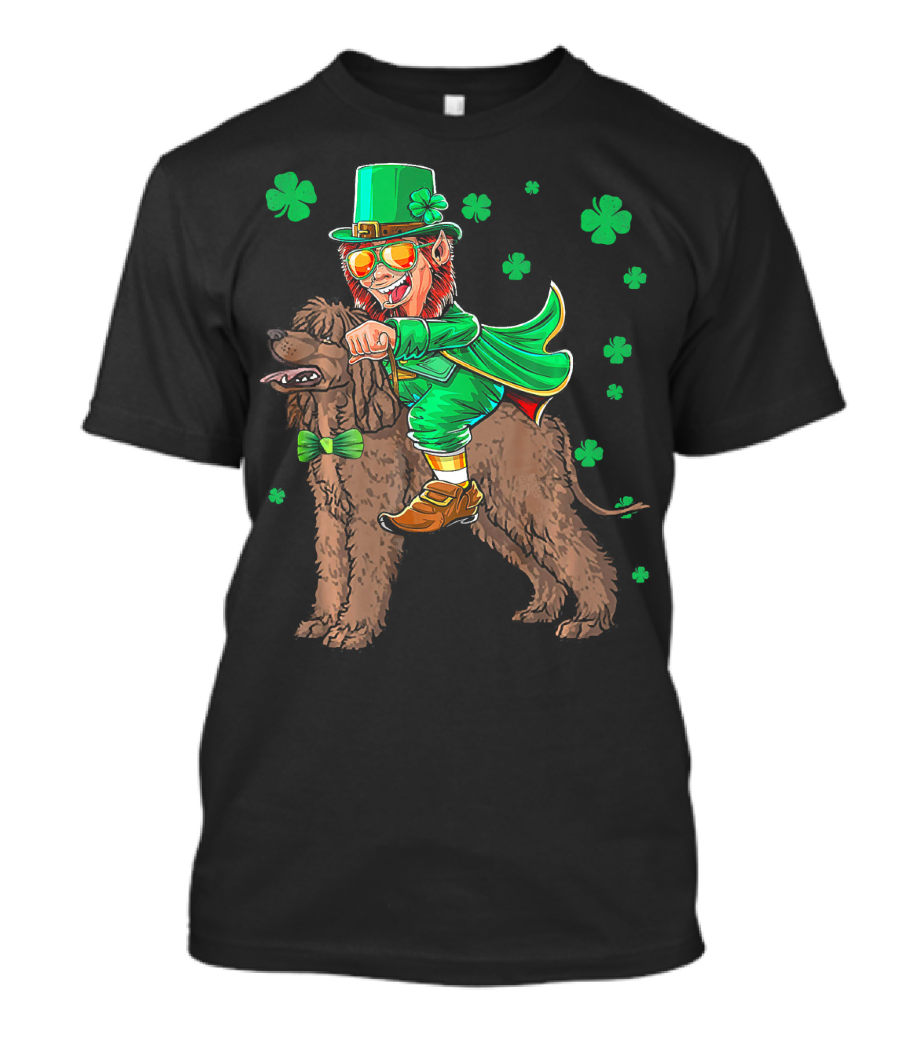 Leprechaun Riding Irish Water Spaniel With Shamrocks T-Shirt