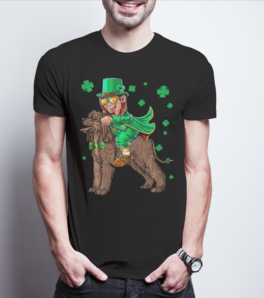 Leprechaun Riding Irish Water Spaniel With Shamrocks T-Shirt