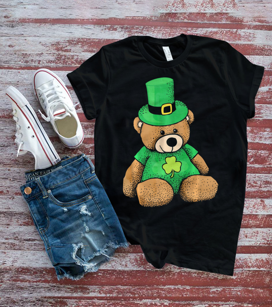 St. Patrick's Day Irish Teddy Bear With Leprechaun Hat And Clover T-Shirt