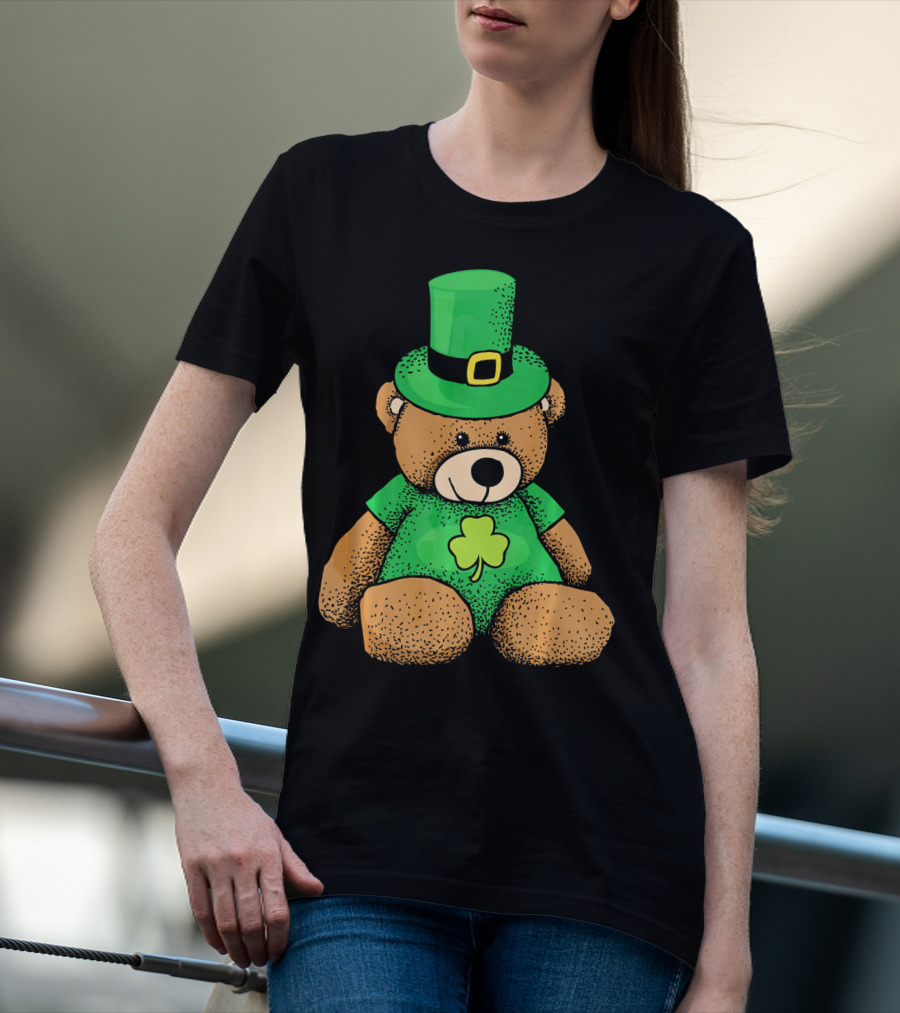 St. Patrick's Day Irish Teddy Bear With Leprechaun Hat And Clover T-Shirt