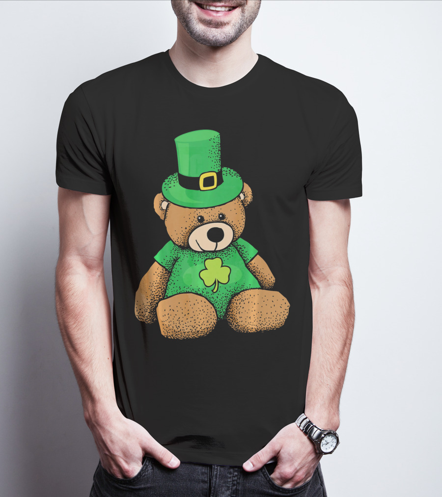 St. Patrick's Day Irish Teddy Bear With Leprechaun Hat And Clover T-Shirt