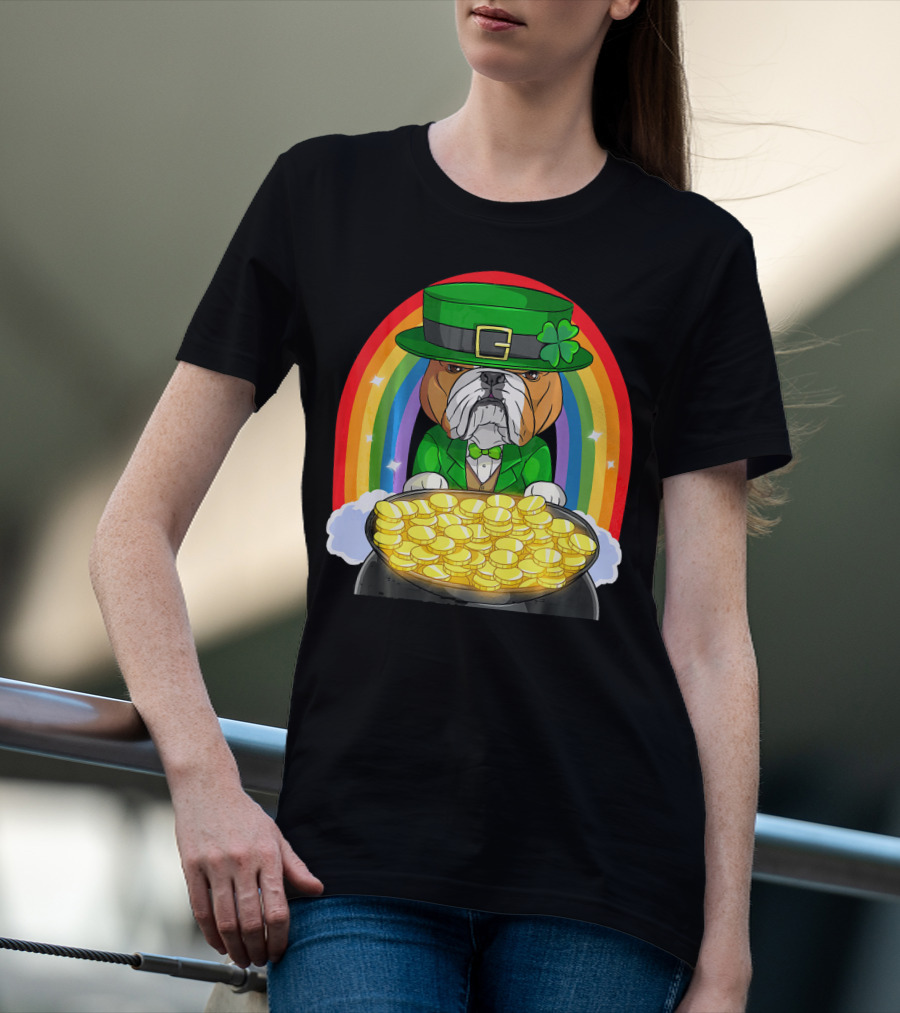 English Bulldog St Patricks Day Leprechaun Pot Of Gold Rainbow T-Shirt