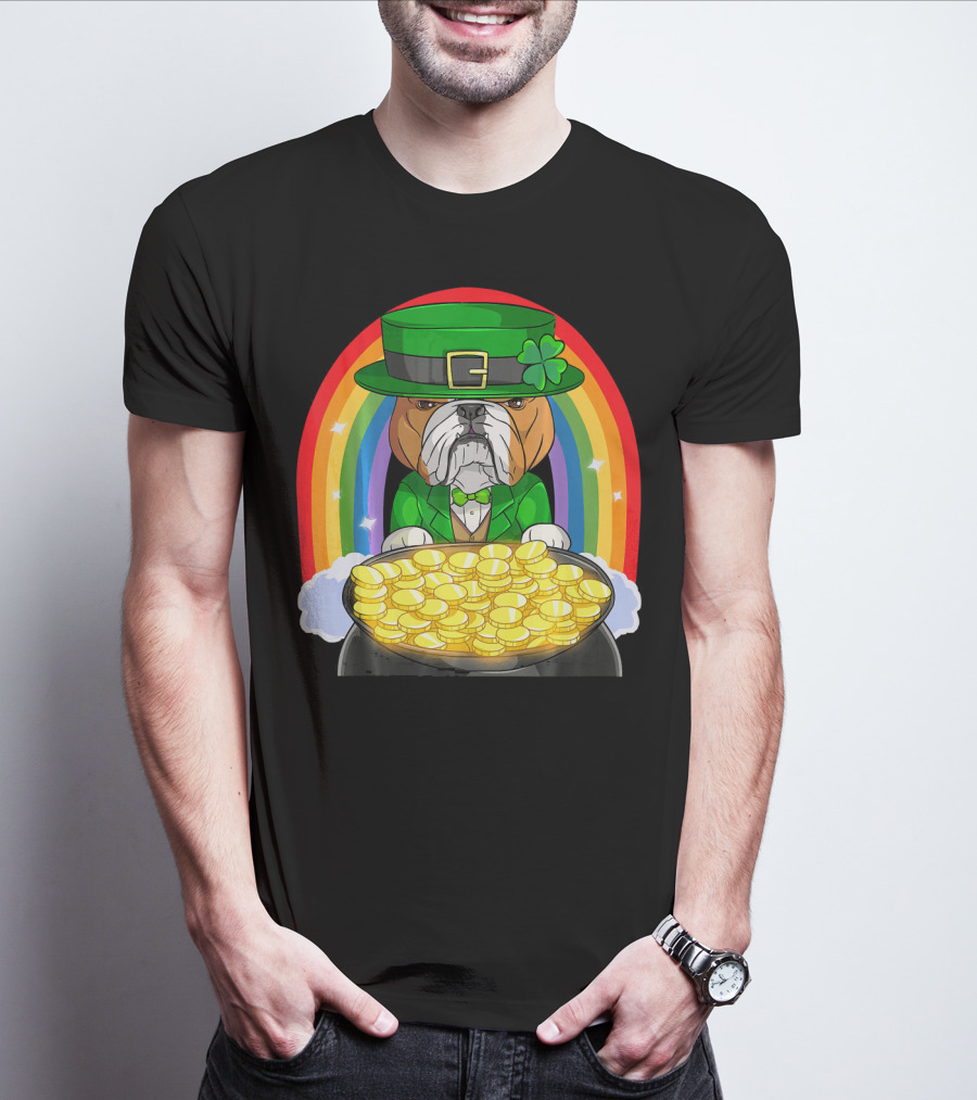 English Bulldog St Patricks Day Leprechaun Pot Of Gold Rainbow T-Shirt