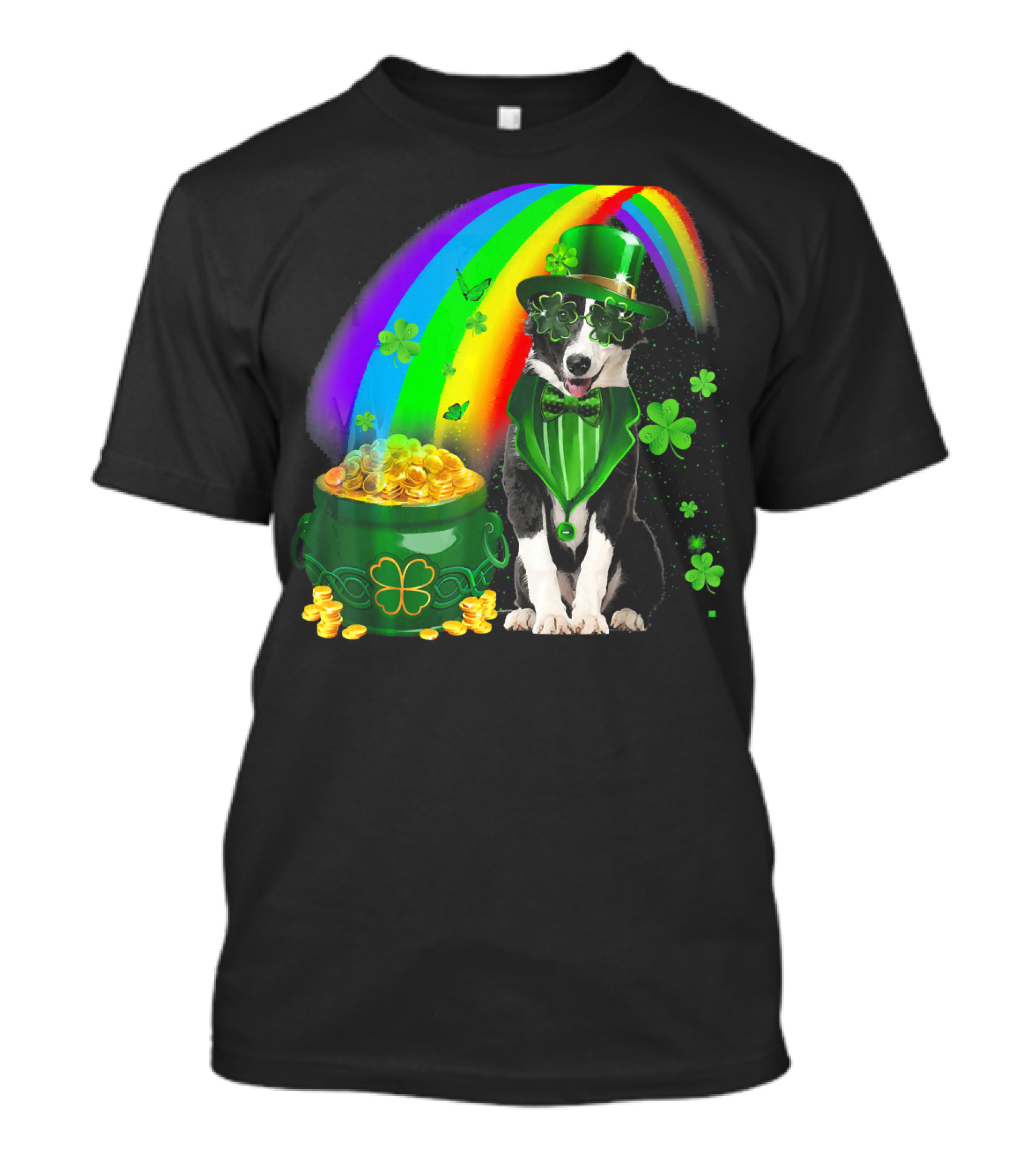 Border Collie Irish Leprechaun With Rainbow And Pot Of Gold Coins T-Shirt