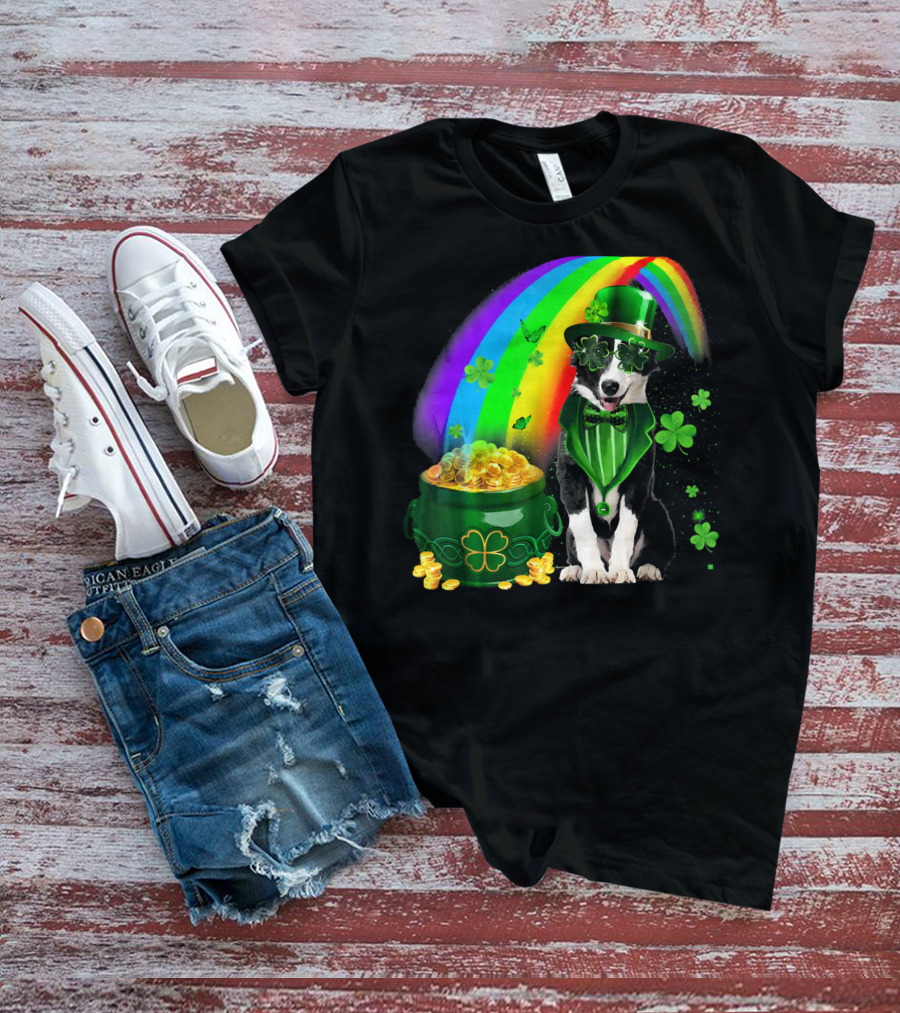 Border Collie Irish Leprechaun With Rainbow And Pot Of Gold Coins T-Shirt