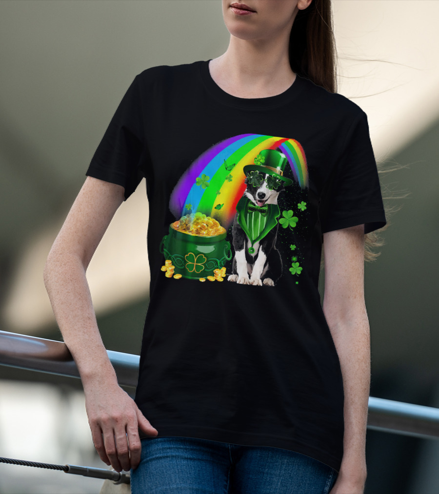 Border Collie Irish Leprechaun With Rainbow And Pot Of Gold Coins T-Shirt