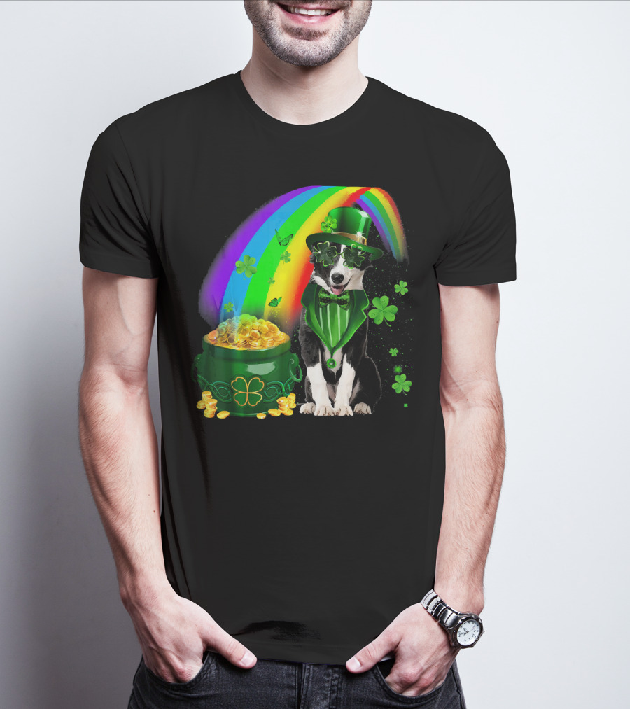 Border Collie Irish Leprechaun With Rainbow And Pot Of Gold Coins T-Shirt