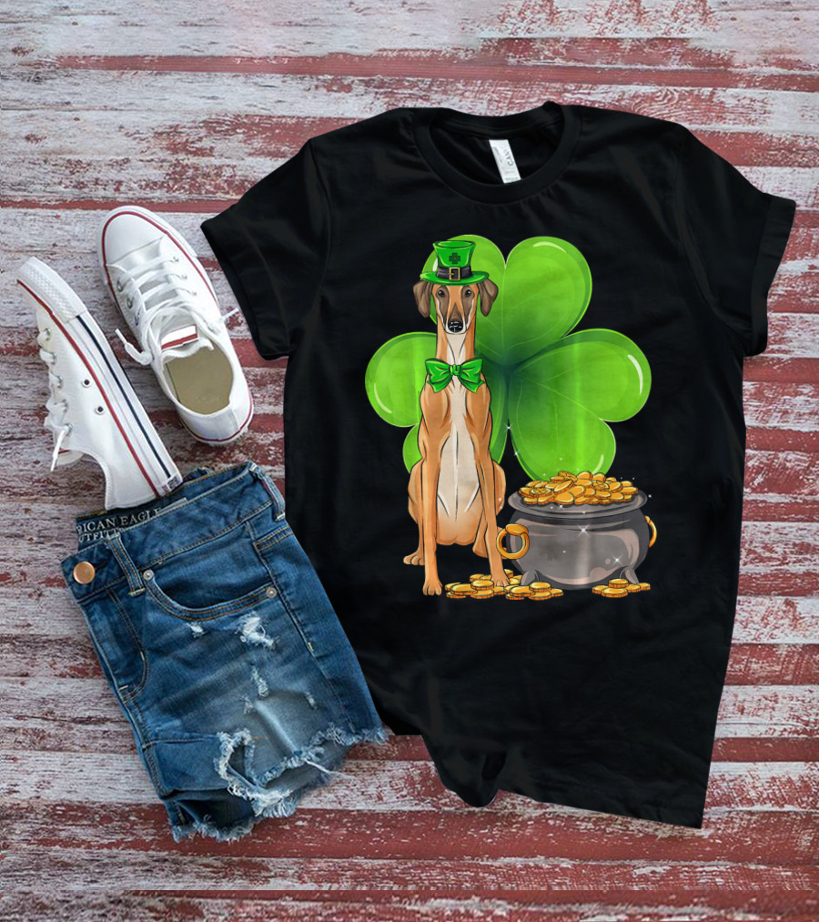 Sloughi Dog With Leprechaun Hat And Clover St Patricks Day Pot Of Gold T-Shirt