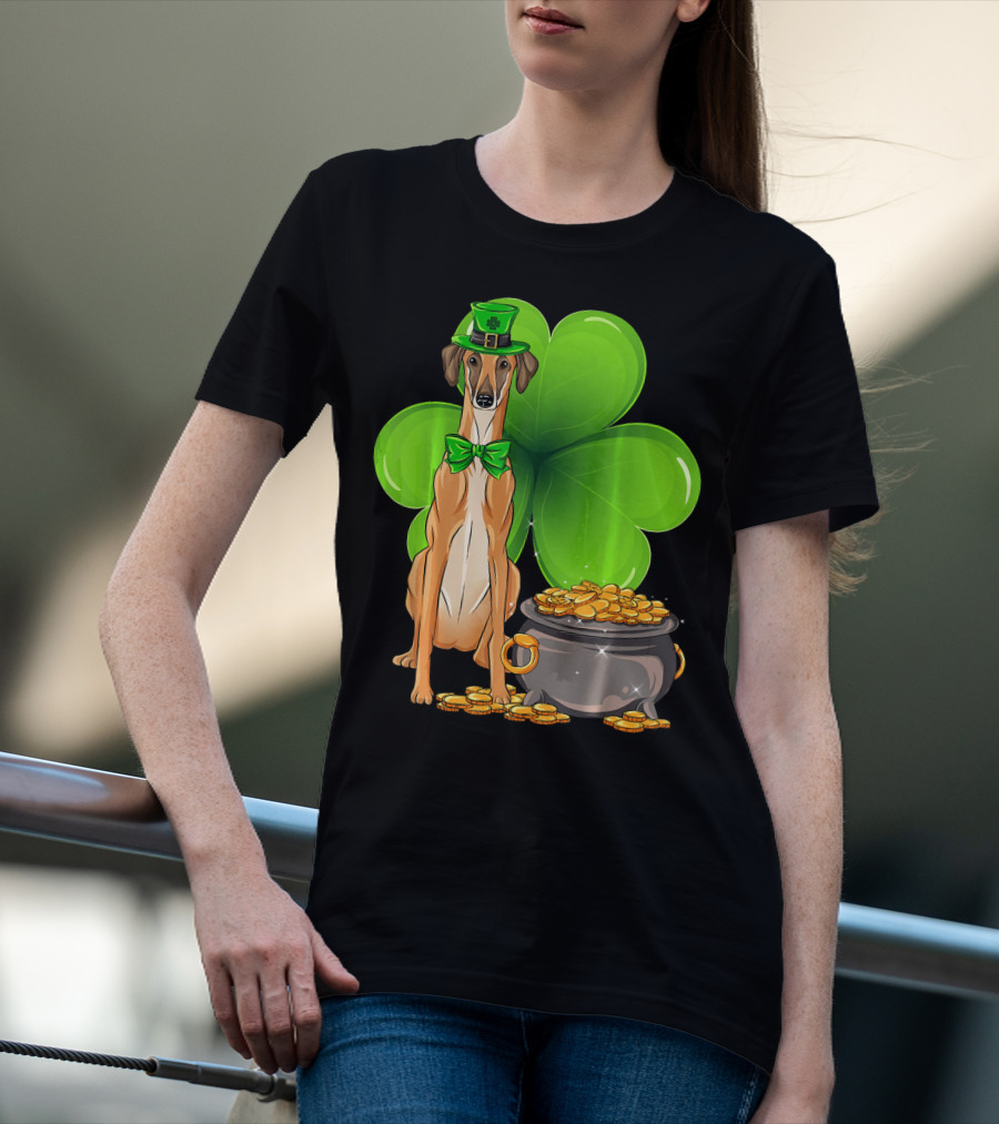 Sloughi Dog With Leprechaun Hat And Clover St Patricks Day Pot Of Gold T-Shirt