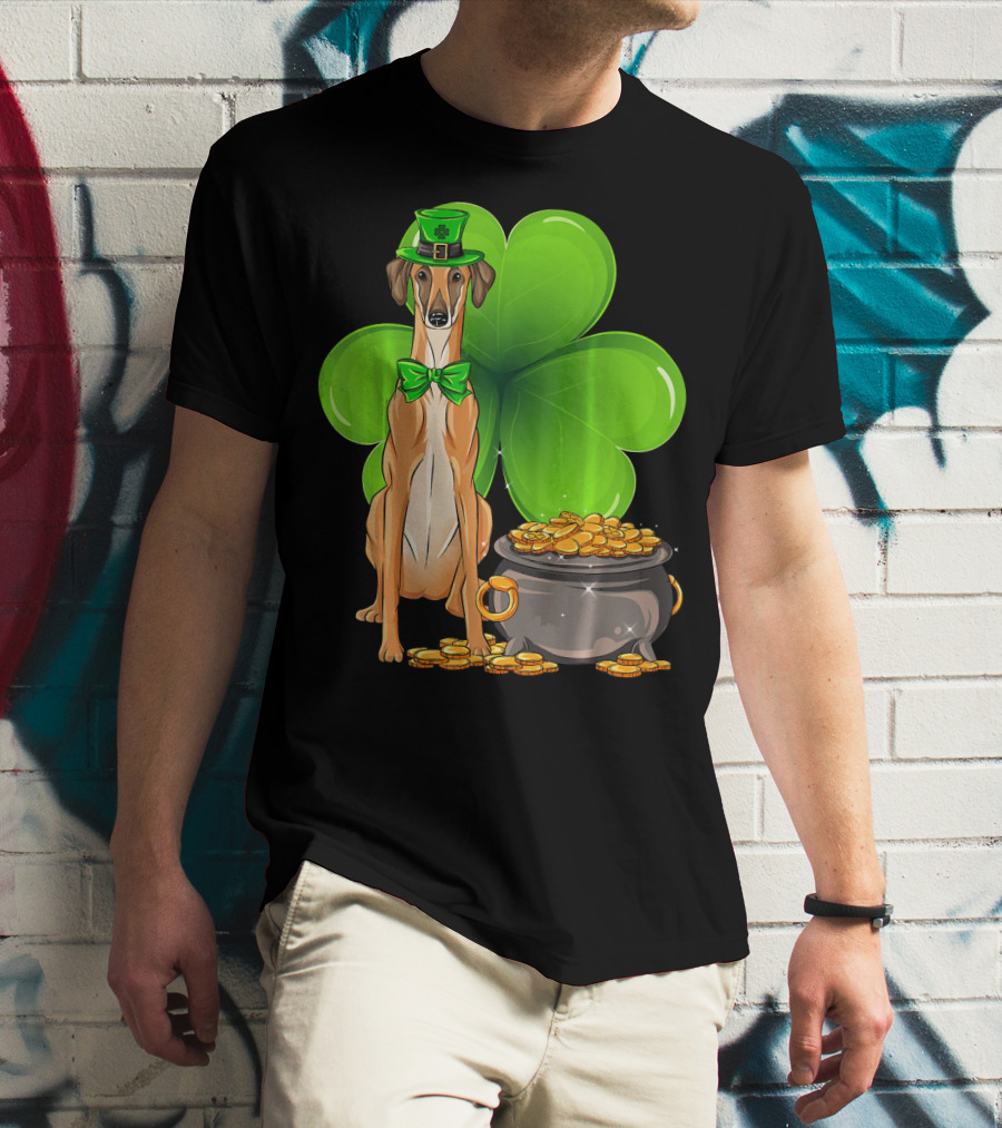 Sloughi Dog With Leprechaun Hat And Clover St Patricks Day Pot Of Gold T-Shirt