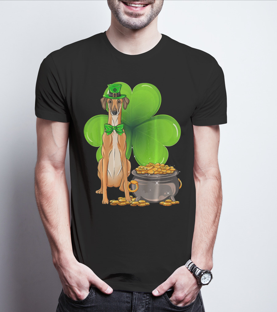 Sloughi Dog With Leprechaun Hat And Clover St Patricks Day Pot Of Gold T-Shirt