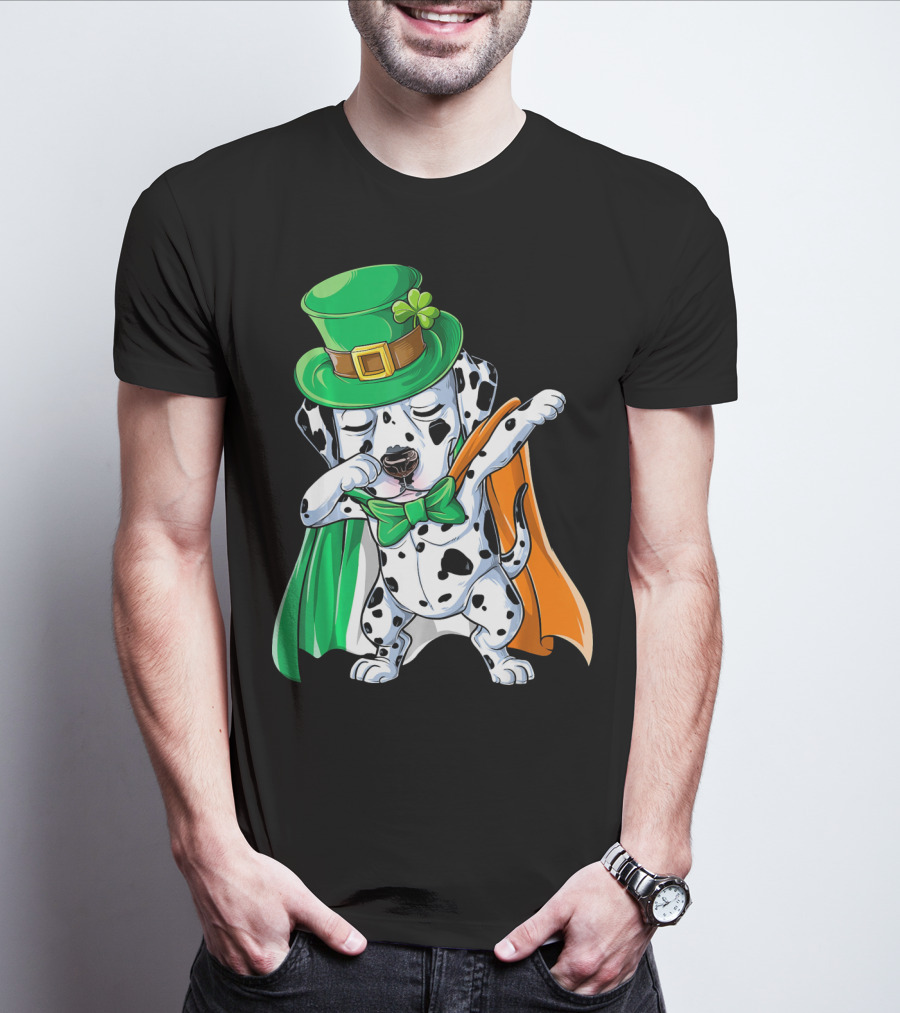 Saint Patrick's Day Dabbing Dalmatian In Green Hat And Irish Colors T-Shirt