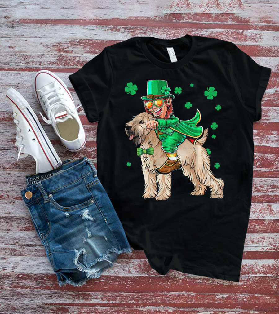 Leprechaun Riding Soft Coated Wheaten Terrier With Shamrocks T-Shirt