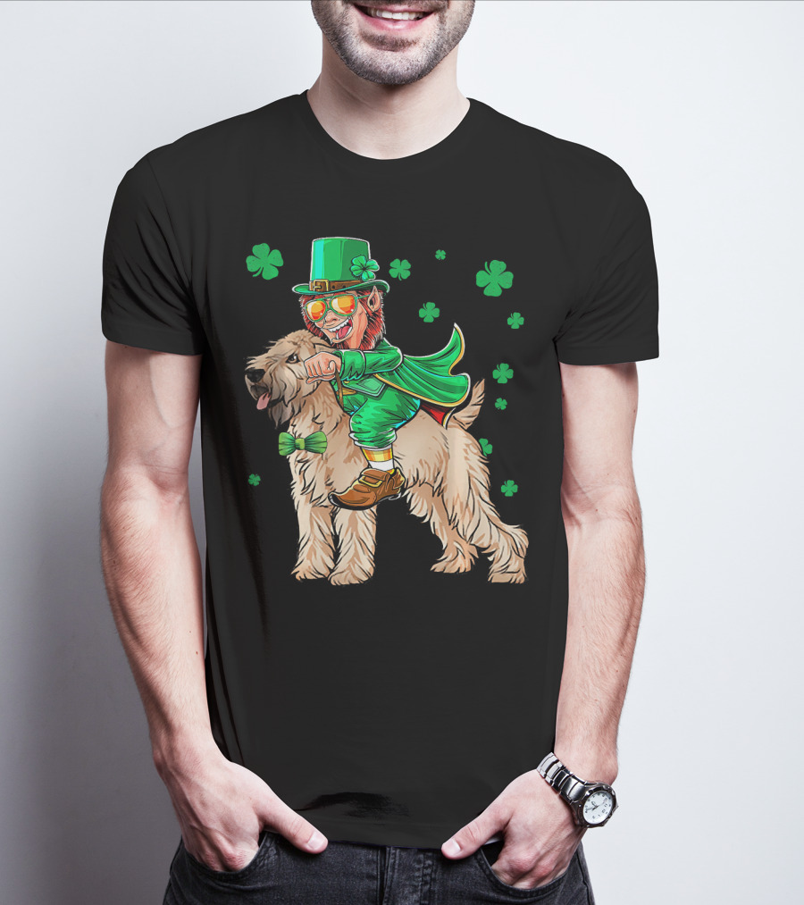 Leprechaun Riding Soft Coated Wheaten Terrier With Shamrocks T-Shirt