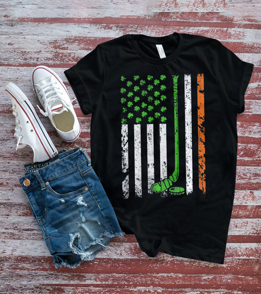 Irish American Hockey Flag With Shamrocks And Hockey Stick T-Shirt
