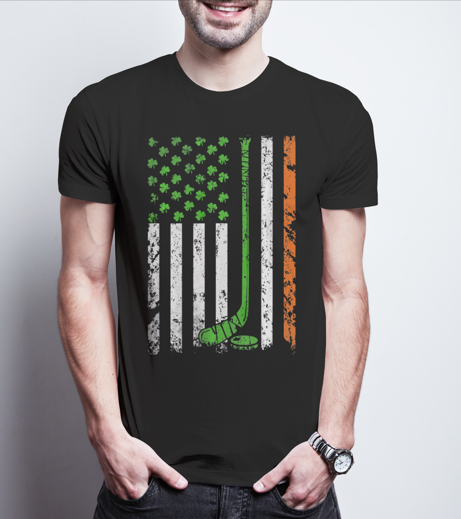 Irish American Hockey Flag With Shamrocks And Hockey Stick T-Shirt
