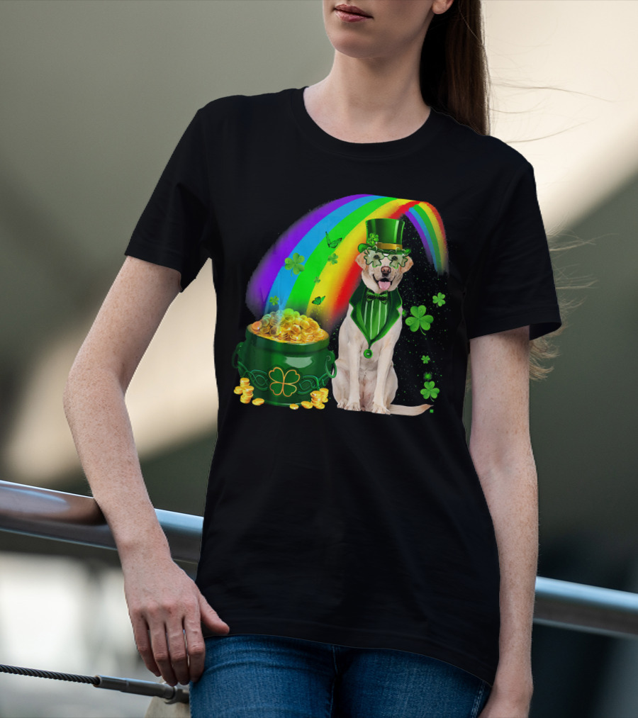 Labrador Dog Leprechaun With Rainbow Coins And Shamrock Saint Patrick's Day Irish Charm T-Shirt